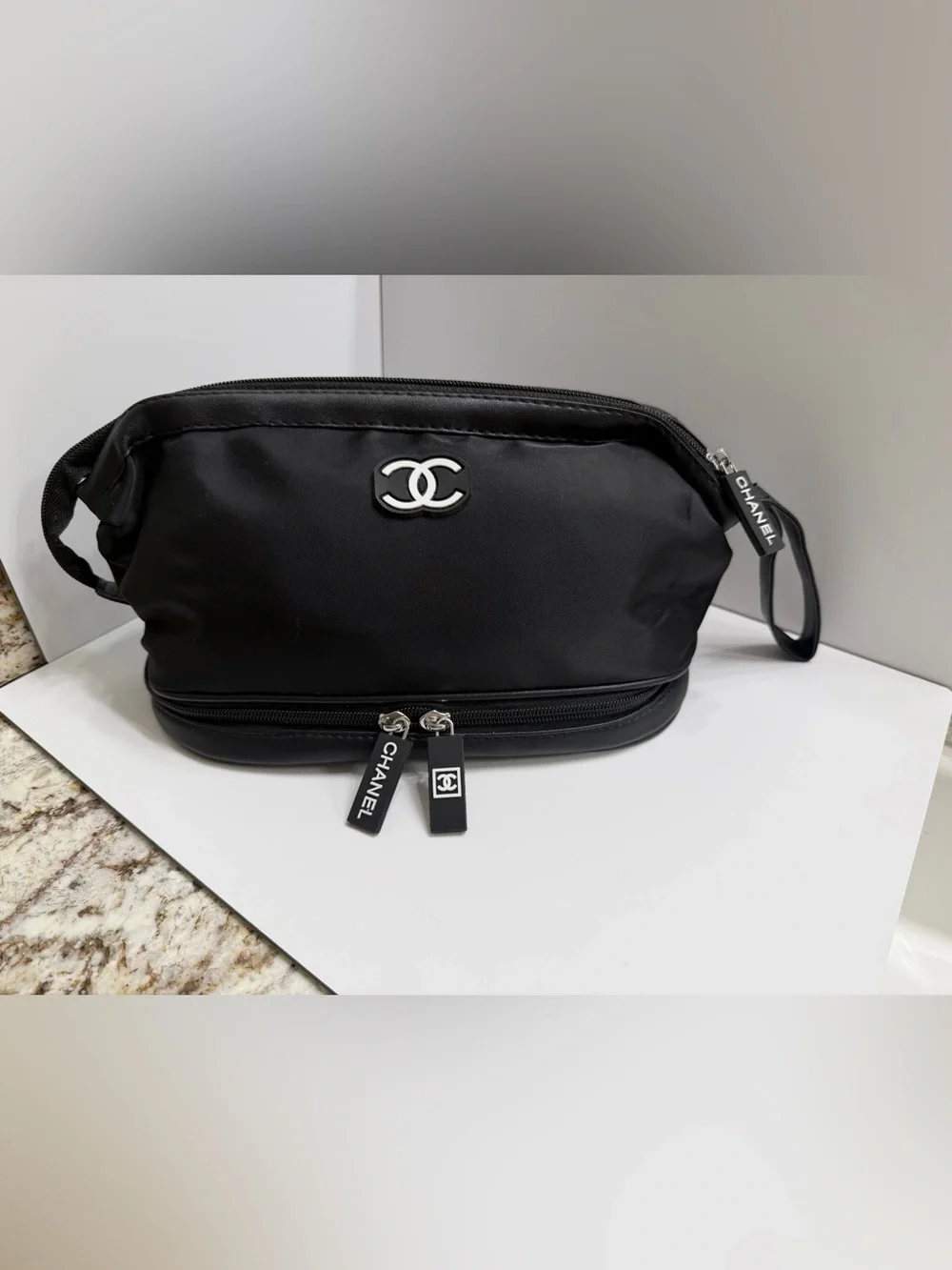CHANEL Beauty- Black Cosmetic Pouch with White CC and Logo Tag